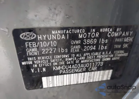 2010 Hyundai Elantra Gls z USA, uszkodzony, nr VIN KMHDU4AD3AU011773